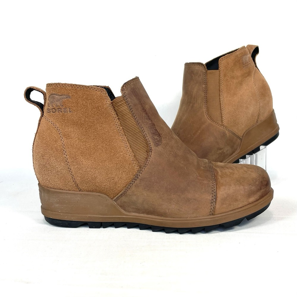 Sorel Evie Pull-On Booties Womens 9 Tan Suede Leather Chelsea Wedge Boots